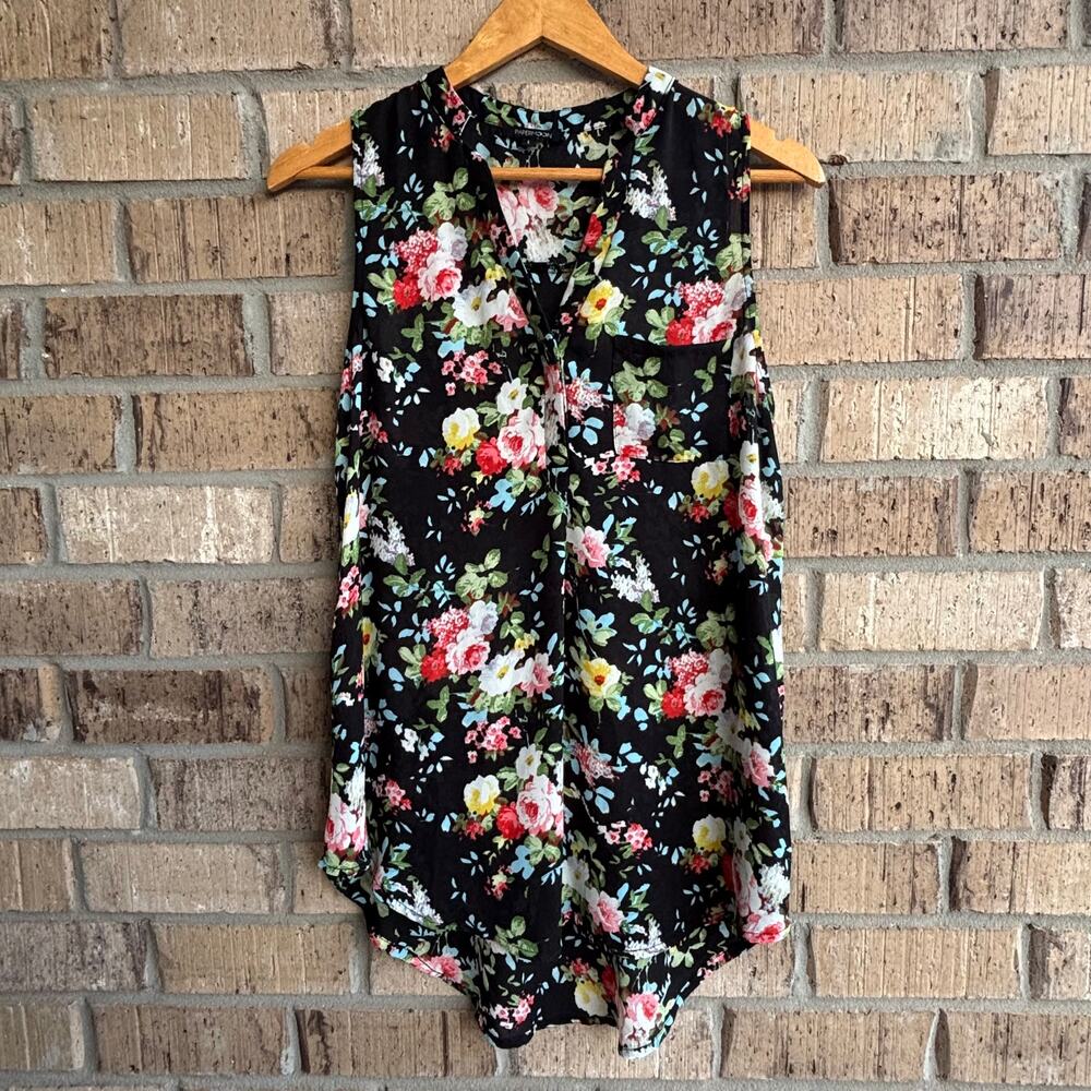 Papermoon Floral Sleeveless Blouse Top Black Boho Cottagecore Size Large